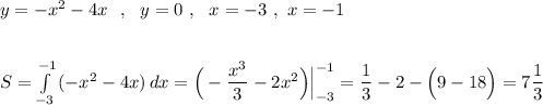 y=-x^2-4x\ \ ,\ \ y=0\ ,\ \ x=-3\ ,\ x=-1\\\\\\S=\int\limits^{-1}_{-3}\, (-x^2-4x)\, dx=\Big(-\dfrac{x^3}{3}-2x^2\Big)\Big|_{-3}^{-1}=\dfrac{1}{3}-2-\Big(9-18\Big)=7\dfrac{1}{3}