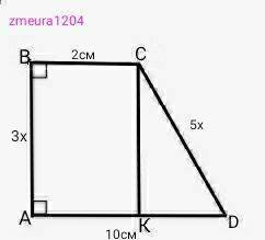 Основанте прямоугольной трапеции равны 2 см и 10 см, а боковые строны относятся как 3:5. Найдите пер