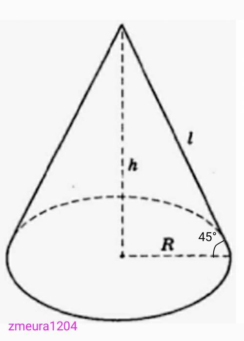 Висота конуса дорівнює 10 см, а кут, який утворює твірна конуса з площиною основи — 45°. Знайдіть пл
