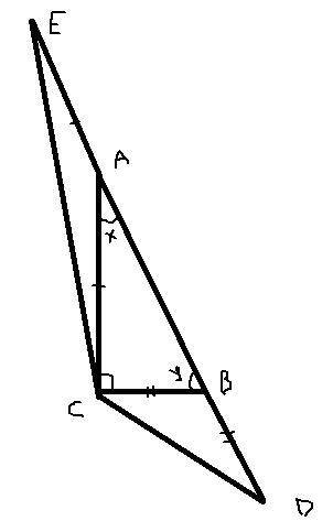 гіпотенузу AB прямокутного трикутника ABC продовжено в обидва боки так, що AE=AC, BD=BC. Точки D і E