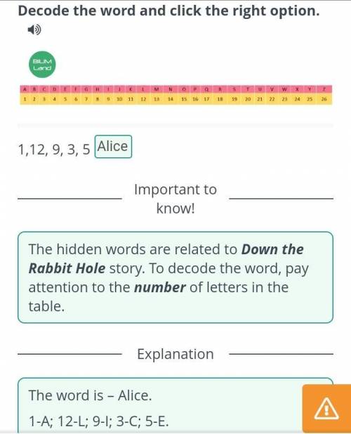 Alice in the Wonderland. Down the Rabbit Hole. Lesson 2 Decode the word and click the right option.