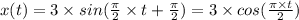x(t) = 3 \times sin( \frac{\pi}{2} \times t + \frac{\pi}{2} ) = 3 \times cos( \frac{\pi \times t}{2} )