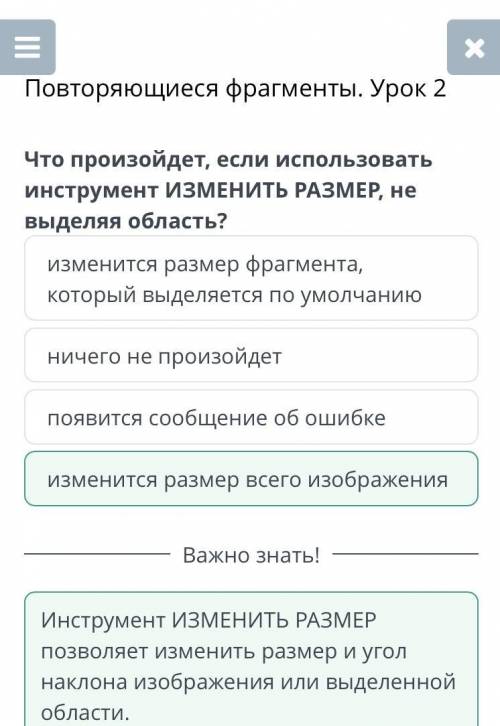 Что произойдет, если использовать инструмент ИзМЕНИТЬ РАЗМЕР, не выделяя область? изменится размер в