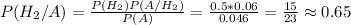 P(H_2/A)=\frac{P(H_2)P(A/H_2)}{P(A)} =\frac{0.5*0.06}{0.046} =\frac{15}{23} \approx 0.65