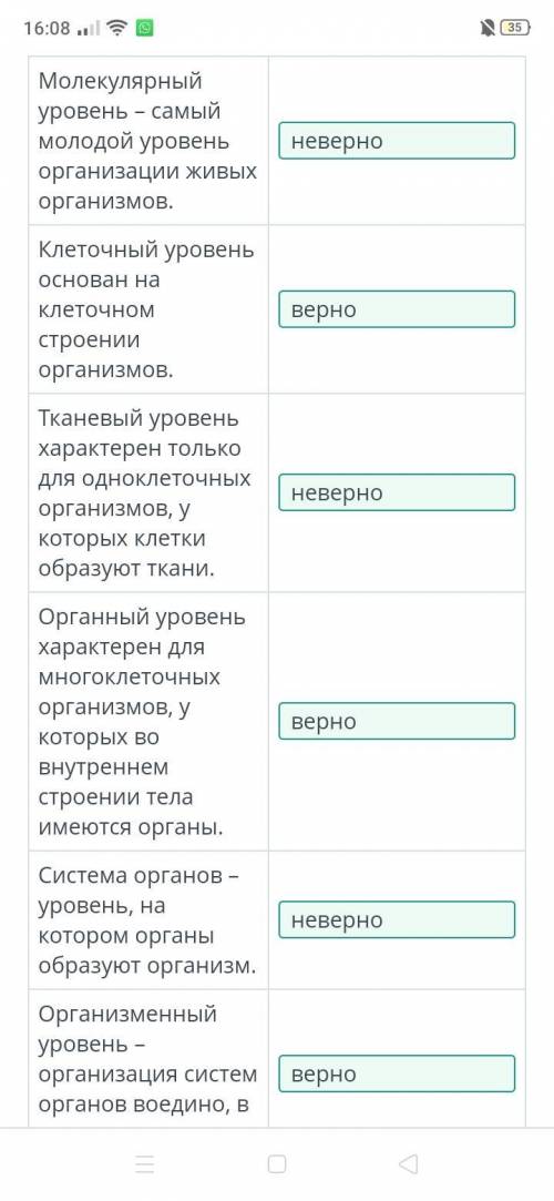 Определи верные и неверные утверждения.Молекулярныйуровень - самыймолодой уровеньорганизации живыхор