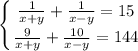 \displaystyle \left \{ {{\frac{1}{x+y}+\frac{1}{x-y}=15} \atop {\frac{9}{x+y}+\frac{10}{x-y}=144}} \right.