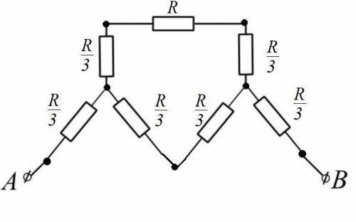 Найдите сопротивление цепи между клеммами А и В (см. рис.). Сопротивление всех резисторов одинаково