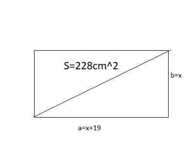 Одна из сторон прямоугольника на 19 см больше чем другая, а его площадь 228 см^2. Вычислите длину ди