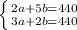 \left \{ {{2a+5b=440} \atop {3a+2b=440}} \right.