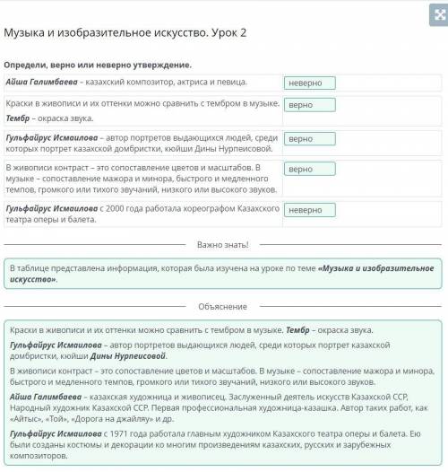 Музыка и изобразительное искусство. Урок 2 Определи, верно или неверно утверждение.Айша Галимбаева –