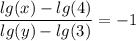 \displaystyle \frac{lg(x)-lg(4)}{lg(y)-lg(3)} =-1