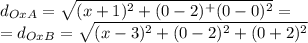 \displaystyle d_{OxA}=\sqrt{(x+1)^2+(0-2)^+(0-0)^2} =\\=d_{OxB} = \sqrt{(x-3)^2+(0-2)^2+(0+2)^2}