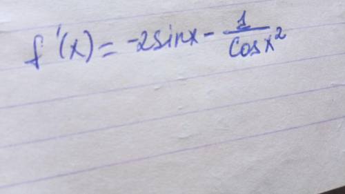 Найдите производные тригонометрических функций f(x)=2cosx-tgx