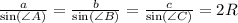 \frac{a}{\sin(\angle A)} = \frac{b}{\sin(\angle B)} = \frac{c}{\sin(\angle C)} = 2R
