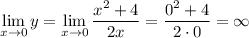 \lim\limits_{x\to 0}} y=\lim\limits_{x\to 0}} \dfrac{x^2+4}{2x}=\dfrac{0^2+4}{2\cdot0}=\infty