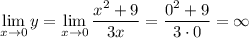 \lim\limits_{x\to 0}} y=\lim\limits_{x\to 0}} \dfrac{x^2+9}{3x}=\dfrac{0^2+9}{3\cdot0}=\infty