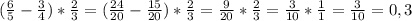 (\frac{6}{5}-\frac{3}{4})*\frac{2}{3}= (\frac{24}{20}-\frac{15}{20})*\frac{2}{3} =\frac{9}{20}*\frac{2}{3}=\frac{3}{10}*\frac{1}{1}=\frac{3}{10} =0,3