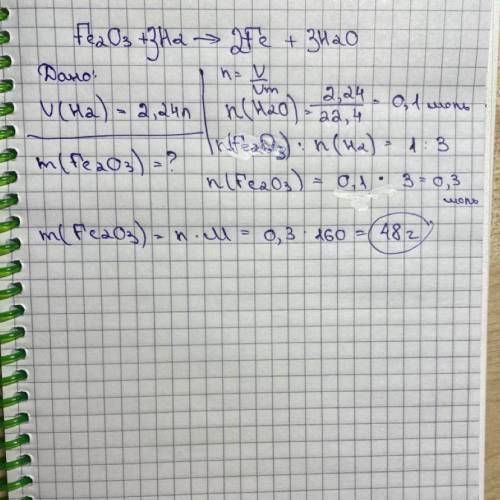 Обчисли масу Fe2O3, який прореагує з воднем об'ємом 2,24 л. Зробіть, будь ласка, детальне розв'язанн