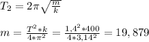 T_{2} =2\pi \sqrt{\frac{m}{k} } \\\\m = \frac{T^{2}*k }{4*\pi ^{2} } = \frac{1,4^{2}*400 }{4*3,14^{2} } = 19,879