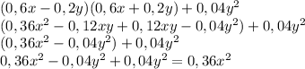 (0,6x-0,2y)(0,6x+0,2y)+0,04y^2\\(0,36x^2-0,12xy+0,12xy-0,04y^2)+0,04y^2\\(0,36x^2-0,04y^2)+0,04y^2\\0,36x^2-0,04y^2+0,04y^2=0,36x^2\\