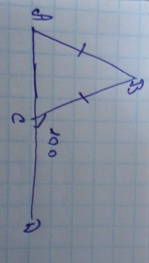 Найди углы в треугольнике ABC, если AB=BC , внешний угол при вершине C равен 100 градусам