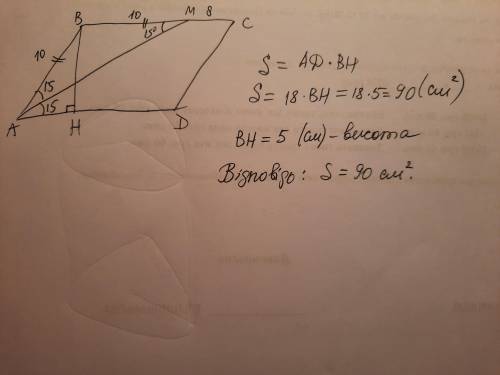 Бісектриса AM паралелограма ABCD ділить сторону BC на відрізки BM=10см, MC=8см. Знайдіть площу парал