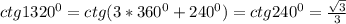 ctg1320^0=ctg(3*360^0+240^0)=ctg240^0=\frac{\sqrt{3} }{3}