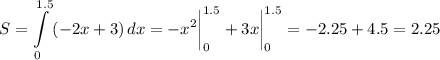 \displaystyle S= \int\limits^{1.5}_0 {(-2x+3) } \, dx =-x^2 \bigg \vert ^{1.5}_0+3x\bigg \vert ^{1.5}_0=-2.25+4.5=2.25