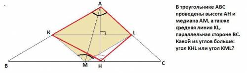 В треугольнике ABC проведены высота AH и медиана AM, а также средняя линия KL, параллельная стороне
