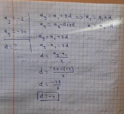 Найдите разность арифметической прогрессии (аn) если а2=-2, а9=-30​