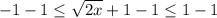 -1-1\leq \sqrt{2x} +1-1\leq 1-1