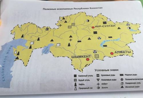 Отметь нефтяные, газовые и угольные месторождение на контурной карте Казахстана