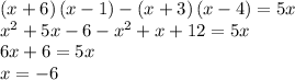 \left(x+6\right)\left(x-1\right)-\left(x+3\right)\left(x-4\right)=5x\\x^2+5x-6-x^2+x+12=5x\\6x+6=5x\\x=-6