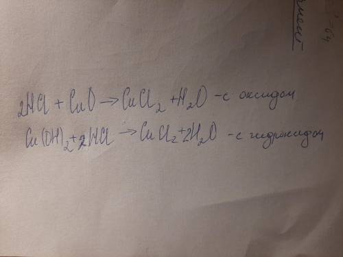 Напишите уравнения реакций соляной кислоты с оксидом и гидроксидом меди. СИО+НСЕ=​