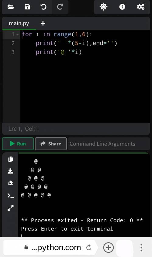 Python сделать два варианта, команда должна быть на подобии: for a in range(1,6) :print('@ '*a) Это