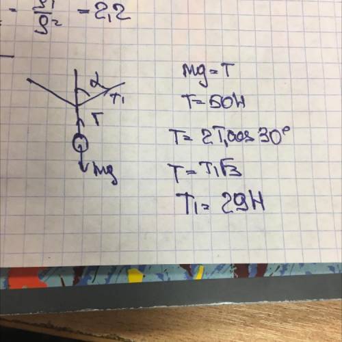 Груз массой 5 кг подвешен на трех тросах. Чему равна сила натяжения второго и третьего троса если уг