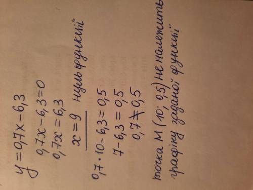 Функцію заданої формулою y=0,7x-6,3. Не виконуючи побудови 1)знайдіть нулі функції. 2) з'ясуйте,чи п