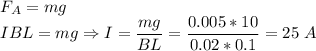 F_A = mg\\IBL = mg \Rightarrow I = \dfrac{mg}{BL} = \dfrac{0.005*10}{0.02*0.1} = 25~A