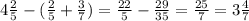 4 \frac{2}{5} - ( \frac{2}{5} + \frac{3}{7} ) = \frac{22}{5} - \frac{29}{35} = \frac{25}{7} = 3 \frac{4}{7}