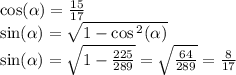 \cos( \alpha ) = \frac{15}{17} \\ \sin( \alpha ) = \sqrt{1 - \cos {}^{2} ( \alpha ) } \\ \sin( \alpha ) = \sqrt{1 - \frac{225}{289} } = \sqrt{ \frac{64}{289} } = \frac{8}{17}