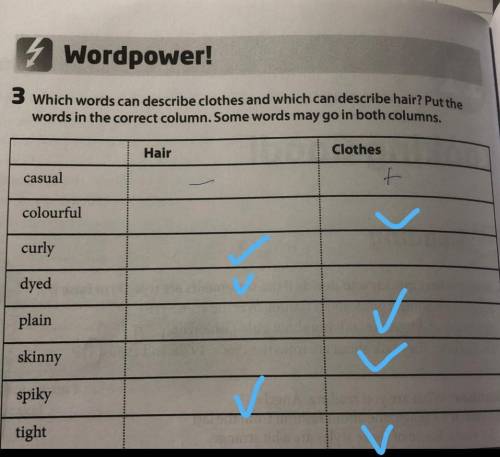 4 Wordpower! 3 which words can describe clothes and which can describe hair? Put the words in the co