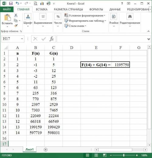 написать программу в Excel. Алгоритм вычисления функций F(n) и G(n) задан следующими соотношениями: