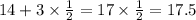 14 + 3 \times \frac{1}{2 } = 17 \times \frac{1}{2} = 17.5