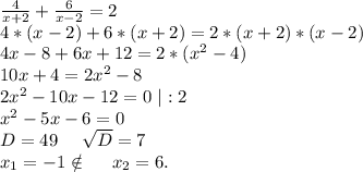 \frac{4}{x+2} +\frac{6}{x-2}=2\\4*(x-2)+6*(x+2)=2*(x+2)*(x-2)\\4x-8+6x+12=2*(x^2-4)\\ 10x+4=2x^2-8\\2x^2-10x-12=0\ |:2\\x^2-5x-6=0\\D=49\ \ \ \ \sqrt{D}=7\\x_1=-1\notin\ \ \ \ x_2=6.\\
