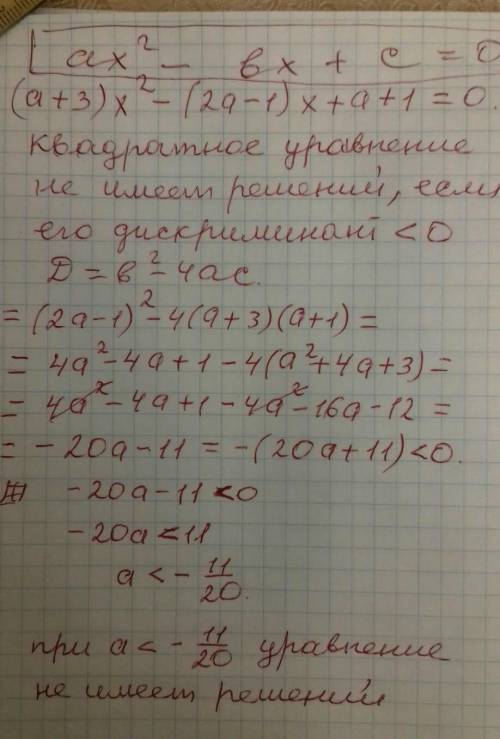 При каких значениях параметра а уравнение (а+3)x^2 - (2a-1)x+(a+1) не имеет решений ​