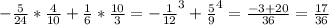 -\frac{5}{24} *\frac{4}{10} +\frac{1}{6} *\frac{10}{3} =-\frac{1}{12}^{3} +\frac{5}{9} ^{4} =\frac{-3+20}{36} =\frac{17}{36}