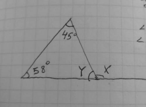Дан треугольник, в котором известны значения двух углов 45 degrees и 58°. Найдите внешний угол, смеж