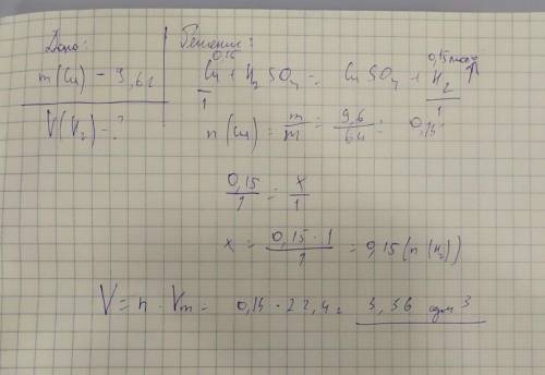 Рассчитайте объём газа, образовавшегося при взаимодействии и меди массой 9,6 г с избытком концентрир