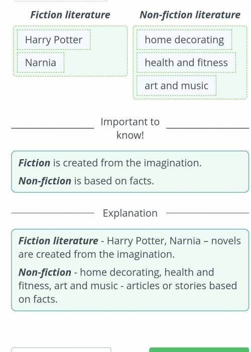 Book genres Drag the words from the box into the correct column. Harry Potterhome decoratinghealth a