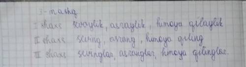 3- mashq. fe'llarni ko'plik shaxs shakllariga qo'yib yozing. 4- mashq. qavs ichidagi fe'llarga buyru